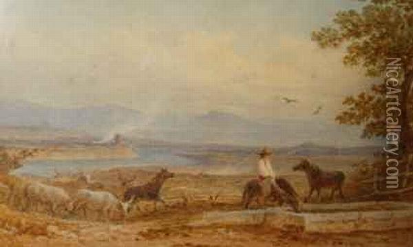 Watering Horses In The Campagna Oil Painting - Robert Hills