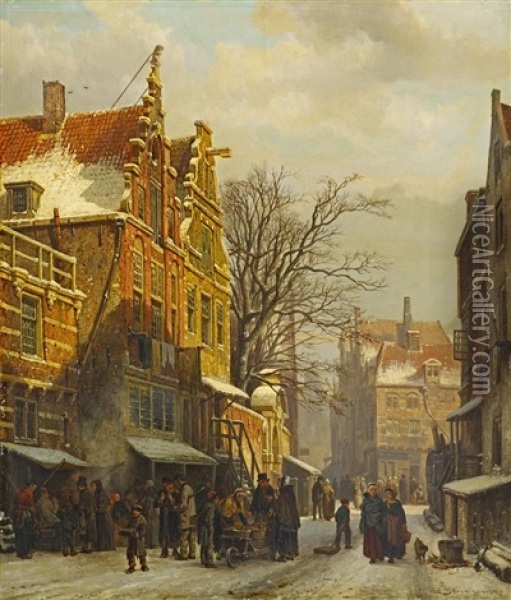 Winterliche Szene Im Judischen Viertel In Amsterdam Oil Painting - Cornelis Springer
