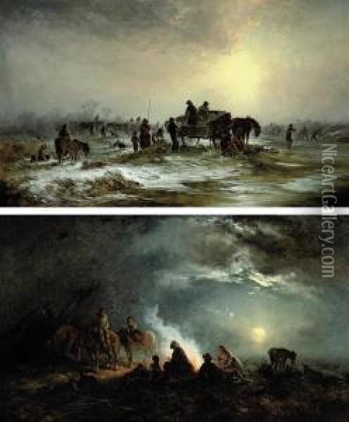 The Camp; And Breaking The Ice Oil Painting - George Augustus Williams