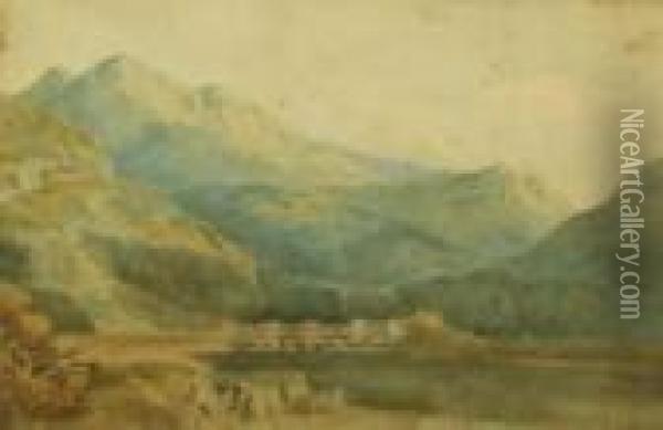Figures In A Welsh Mountain Landscape Oil Painting - Peter de Wint