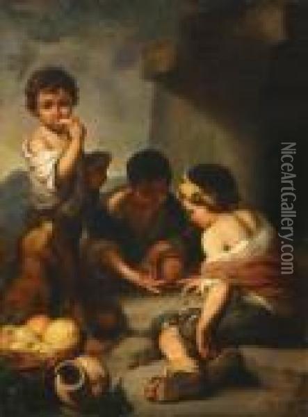Three Boys Playing Dice Oil Painting - Bartolome Esteban Murillo
