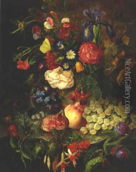 Flowers In A Vasewith A Bird's Nest, Grapes, A Peach And Other Fruit Oil Painting - Georgius Jacobus Johannes van (the Younger) Os