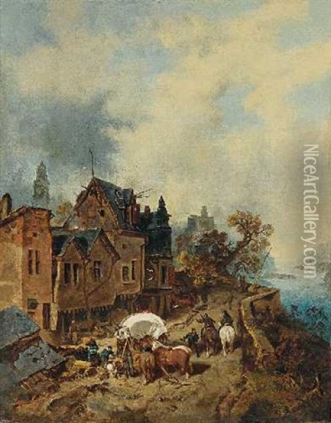 Stadt Am Fluss Mit Belebter Strase Oil Painting - Charles Hoguet