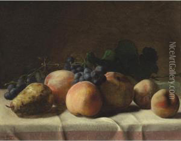 Grapes, Peaches And Pear On A Table Oil Painting - George Hetzel
