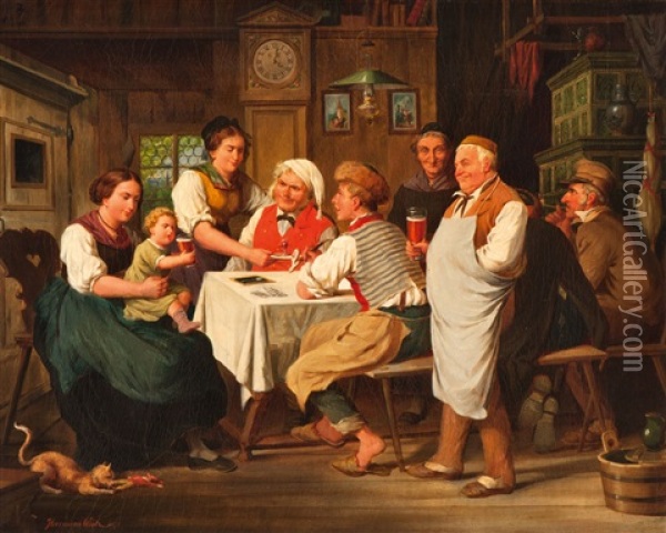 Interior Scene - The Family In The Parlour Oil Painting - Hermann Goetz