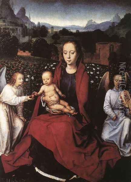 Virgin and Child in a Rose-Garden with Two Angels 1480s Oil Painting - Hans Memling