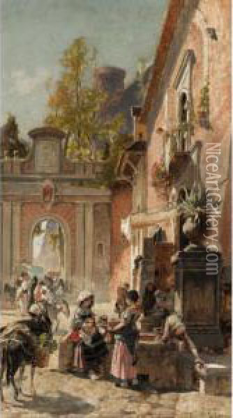 Gathering At The Water Fountain Oil Painting - Franz Theodor Aerni