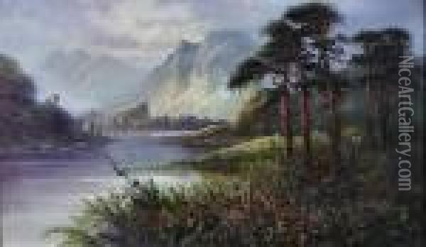 Scottish Loch Scene With Mountains To Background Oil Painting - Frank Hider