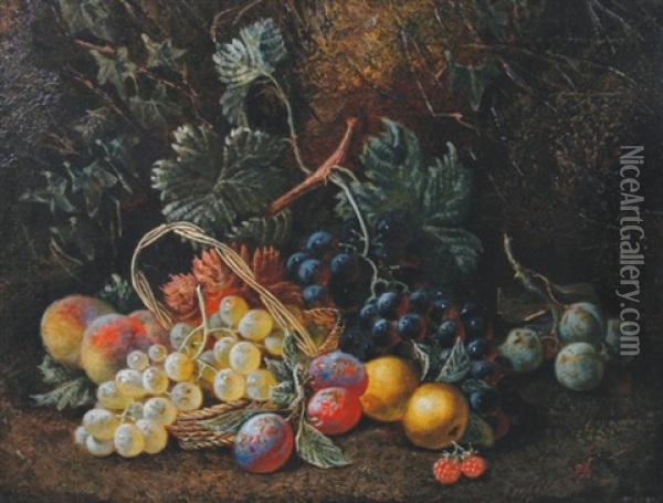 Still Life Paintings, One With Flowers, Nest And Basket, The Other With Fruit (pair) Oil Painting - Henry John Livens