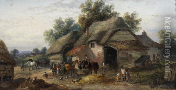 Busy Farmyard With Horses Oil Painting - Georgina Lara