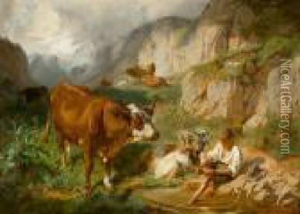 Hirtenknabe Mit Herde In Den Bergen Oil Painting - Rudolf Koller