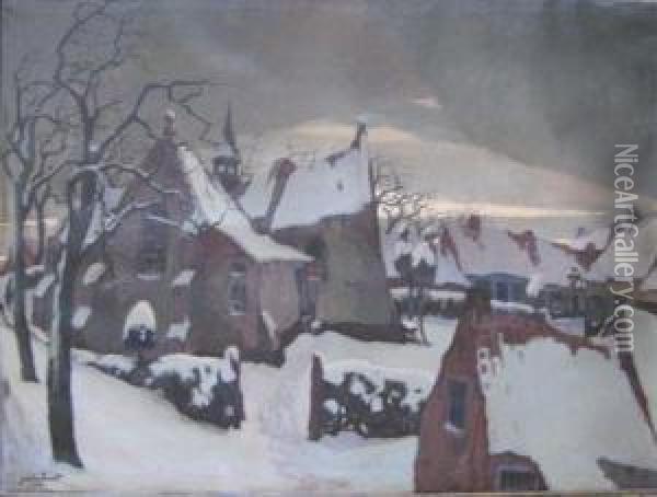 Dorp In De Sneeuw. Oil Painting - Jozef Van Hooste