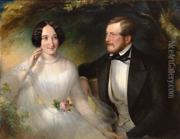 Portrait Und Brautbild Von Eugen Und Francisca Kraetzer-roeder. Das Brautpaar Auf Einer Bank Im Park Oil Painting - Eduard von Heuss