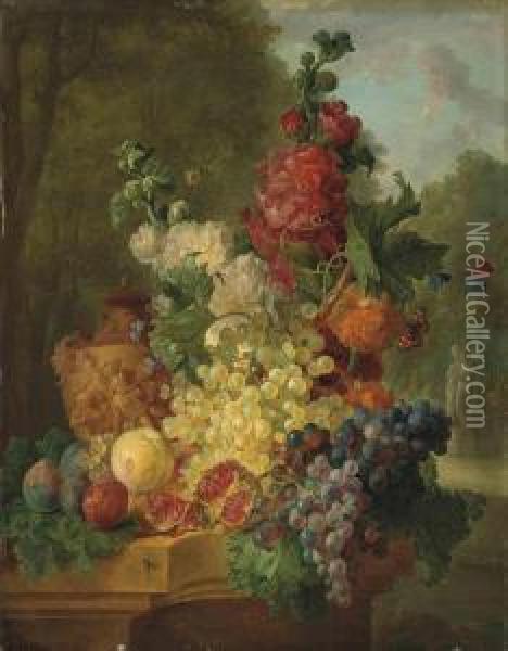 Pomegranates, Grapes, Figs, Flowers And A Sculpted Urn, On A Stoneledge, In A Garden Oil Painting - Gerrit Johan Van Leeuwen