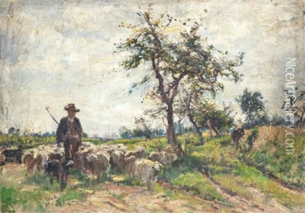 A Shepherd And His Flock On A Country Road Oil Painting - Mark William Fisher