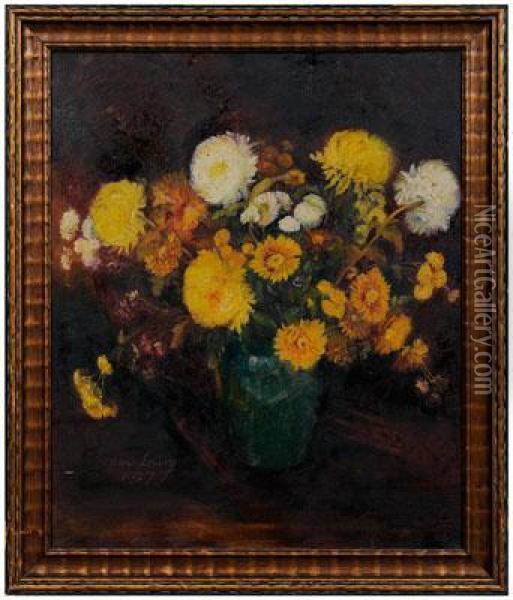 Still Life, Chrysanthemums In A Pottery Vase Oil Painting - Mina C. Lowry