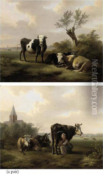 Cattle Resting; And Milking Time Oil Painting - Albertus Verhoesen