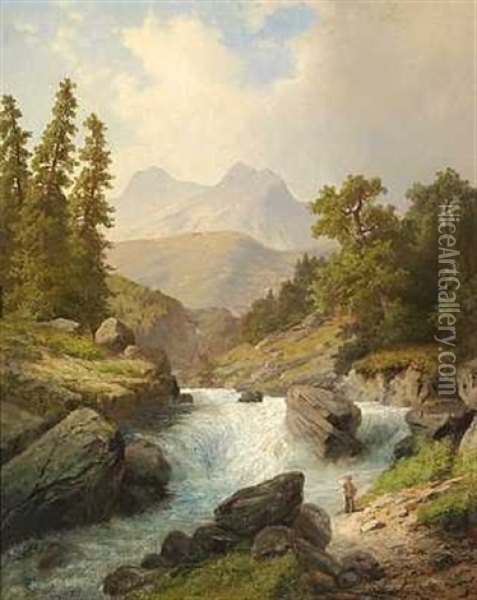 Alpelandskab Med Brusende Flod Oil Painting - Heinrich Eduard Heyn