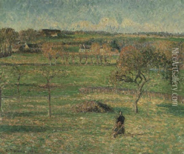 Prairies De Bazincourt, Automne Oil Painting - Camille Pissarro