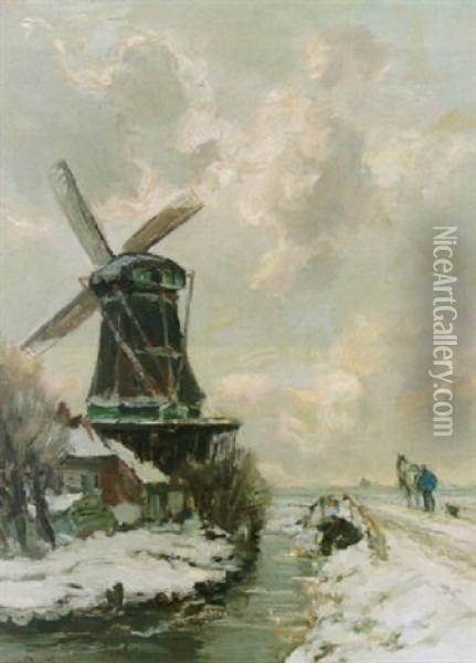 A Windmill In A Winter Landscape Oil Painting - Louis Apol