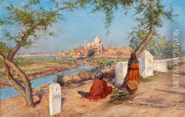 From Agra With A View Of Taj Mahal Oil Painting - Holger Hvitfeldt Jerichau