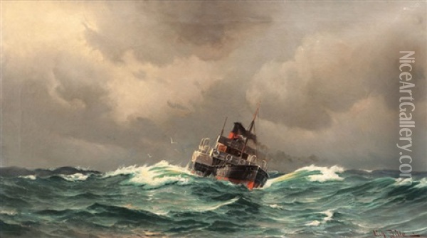 Paddle Steamer In Choppy Sea Oil Painting - Vilhelm Victor Bille