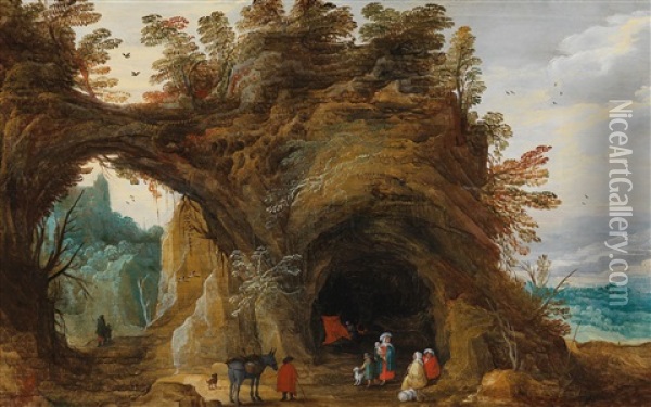 A Rocky Landscape With Travellers In Front Of A Cave Oil Painting - Joos de Momper the Elder