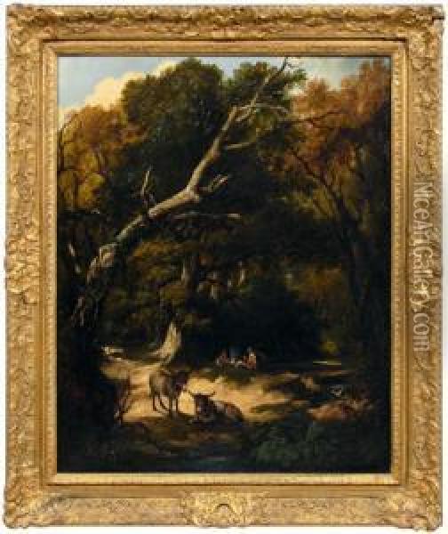 Woodland Landscape With Figures Camping And Donkeys Resting By A Stream Oil Painting - Roger Jean