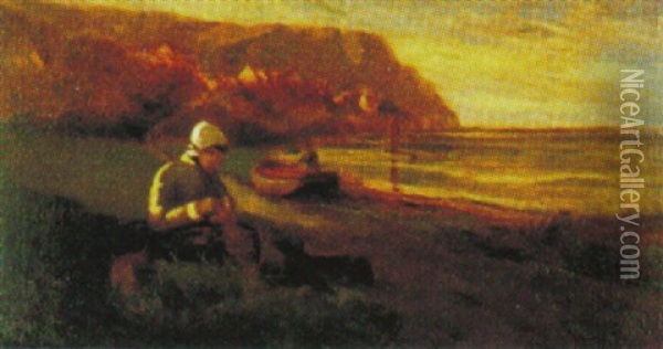 Woman Sewing By The Sea Oil Painting - John A. Hammond