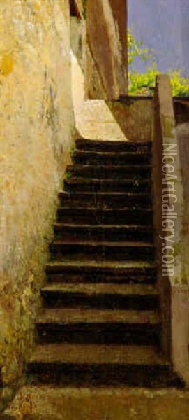 A Sunlit Stairway Oil Painting - Giuseppe de Nittis