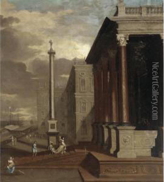 An Architectural Capriccio With Elegant Figures Oil Painting - Jacobus Saeys