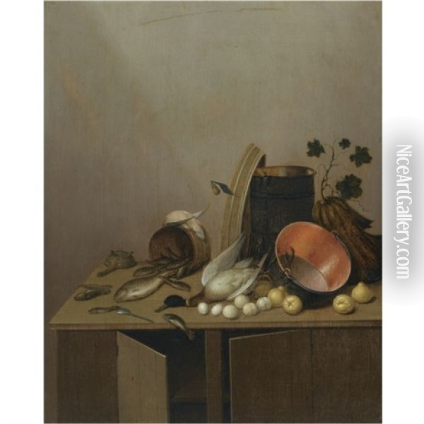 Still Life With A Dead Duck, Fish, Pears, Eggs, A Copper Pot And Other Objects, All Arranged On A Kitchen Cabinet Oil Painting - Gerrit Van Vucht