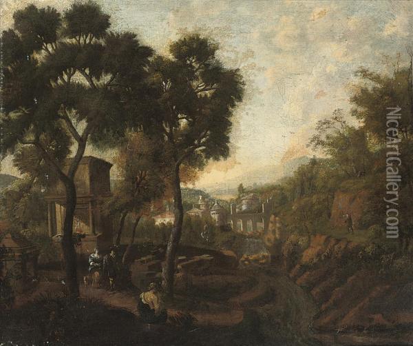 A Wooded Italianate River Landscape With Figures In The Foreground, A Town Beyond Oil Painting - Jan Baptist Huysmans