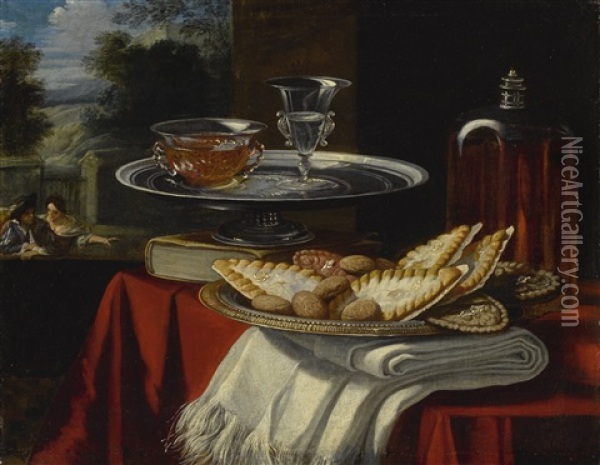Still Life Of A Silver Tray With Sweets Upon A Folded White Cloth, A Silver Tray Beyond It With Two Crystal Glasses Upon It, All On A Table Draped With A Red Cloth, A Window With A Landscape And Two Figures Beyond Oil Painting - Pier Francesco Cittadini