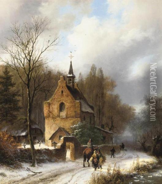 A Winter Landscape With A Chapel, A Horseman And Travellers On Apath Oil Painting - Barend Cornelis Koekkoek
