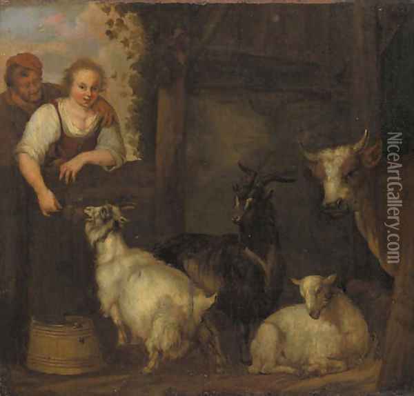 A shepherd couple courting by a barn, goats and a cow nearby Oil Painting - Francois Verwilt