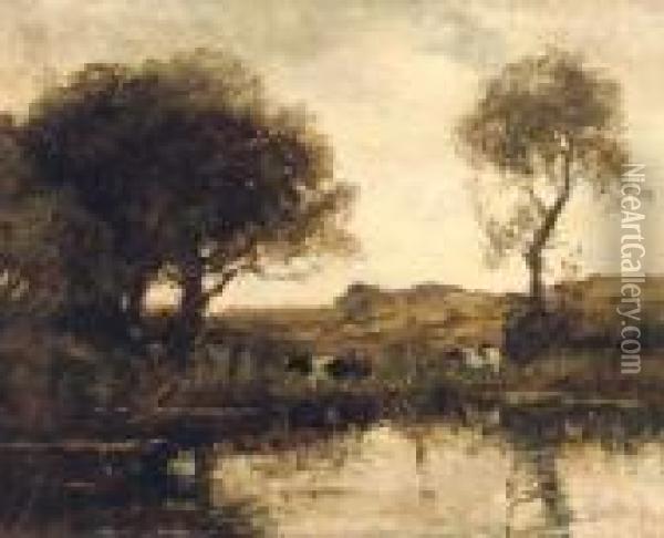 Cattle By A Lake Oil Painting - Theophile Emile Achille De Bock