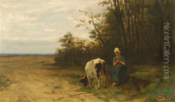 Jeune Bergere Et Vache Dans Un Paysage Oil Painting - Edmond De Schampheleer