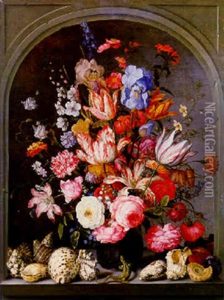 Tulips, Roses, Carnations, Irises, Lilies, Snowdrops And Other Flowers In A Glass Vase In A Niche With A Lizard And Shells Oil Painting - Balthasar Van Der Ast
