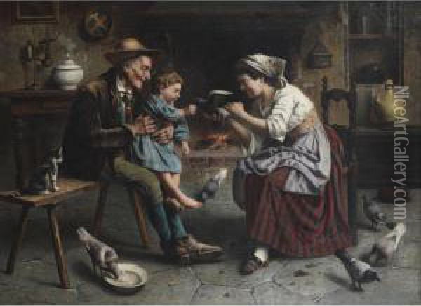 Feeding The Pigeons In A Cottage Interior Oil Painting - Jules Zermati
