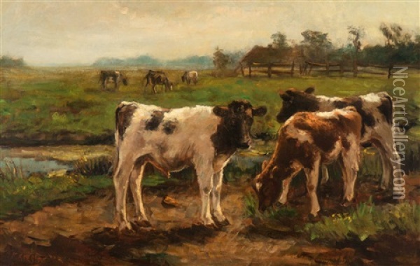 Calves In The Meadow Oil Painting - Fedor Van Kregten