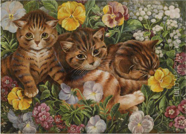 Three Kittens In A Flower Bed Oil Painting - Louis William Wain