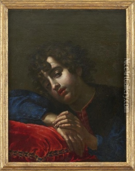 Portait D'un Jeune Homme Appuye Sur Un Coussin Rouge Oil Painting - Cesare Dandini
