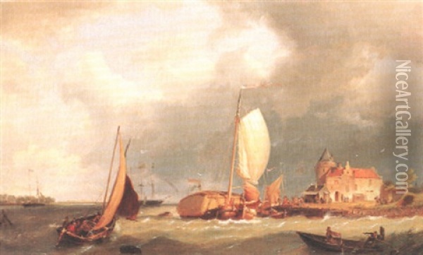 Ein Heuboot Und Andere Segel- Bzw. Ruderboote Vor Der Kuste Oil Painting - Pieter Cornelis Dommershuijzen