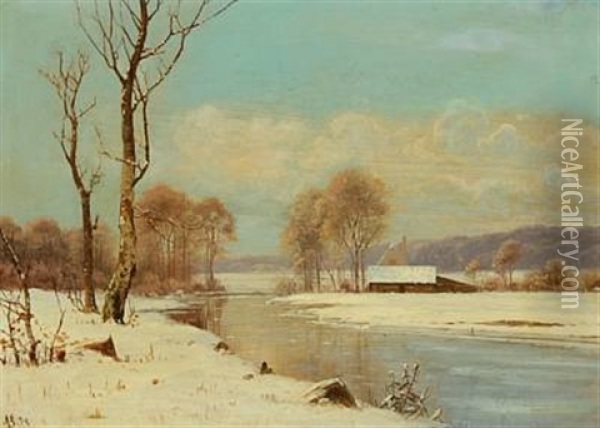 Wintry Landscape With A House At A Bank Oil Painting - Alexander Schmidt