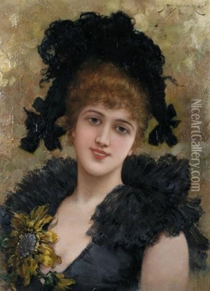 Portrait Of A Young Lady In A Black Dress With A Sunflower Oil Painting - Emile Eisman-Semenowsky