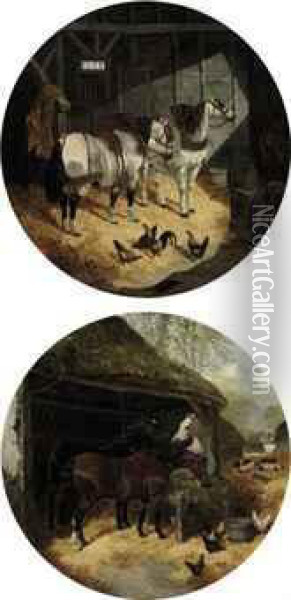Horses In Farmyard; And Carthorses In A Stable Oil Painting - John Frederick Herring Snr