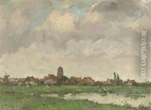 View of a village by a meadow Oil Painting - Leon Riket