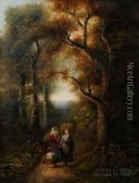 Figures On A Path Through The Woods. Oil Painting - John Joseph Barker Of Bath