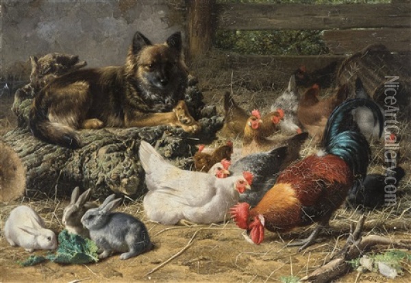 Le Gardien Du Poulailler Oil Painting - Eugene Remy Maes